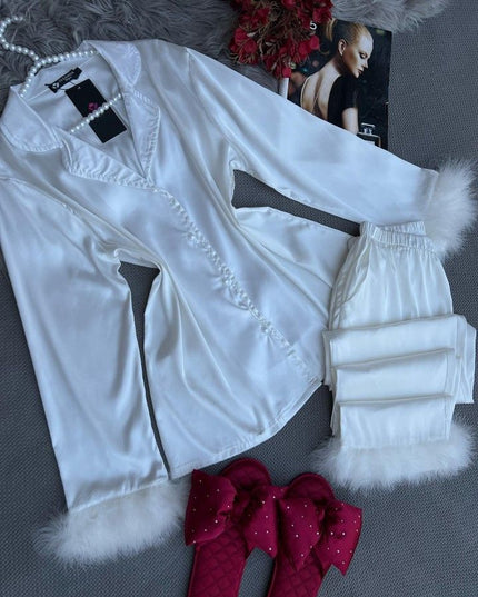Pyjama satin brodé de plumes - BELLA - Lingerie